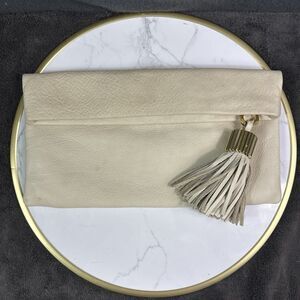 India Hicks Carmen Clutch Stone White Pebbled Leather Bag Fringe Tassel Large 12
